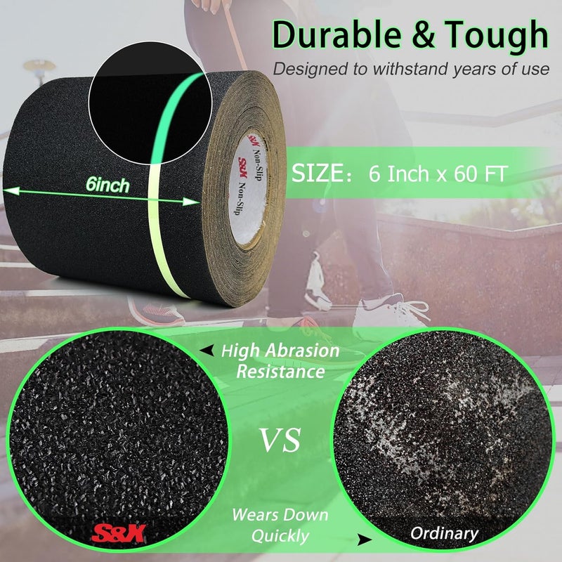 SX Anti Slip Tape 6 Inch x 60 Ft, 2X Longer Heavy Duty Grip Tape with Glow-in-Dark Strip, Outdoor Stair Treads Non-Slip for Steps, Ramps, Boats, Decks, Non-Skid Safety, Long-Lasting - Image 3